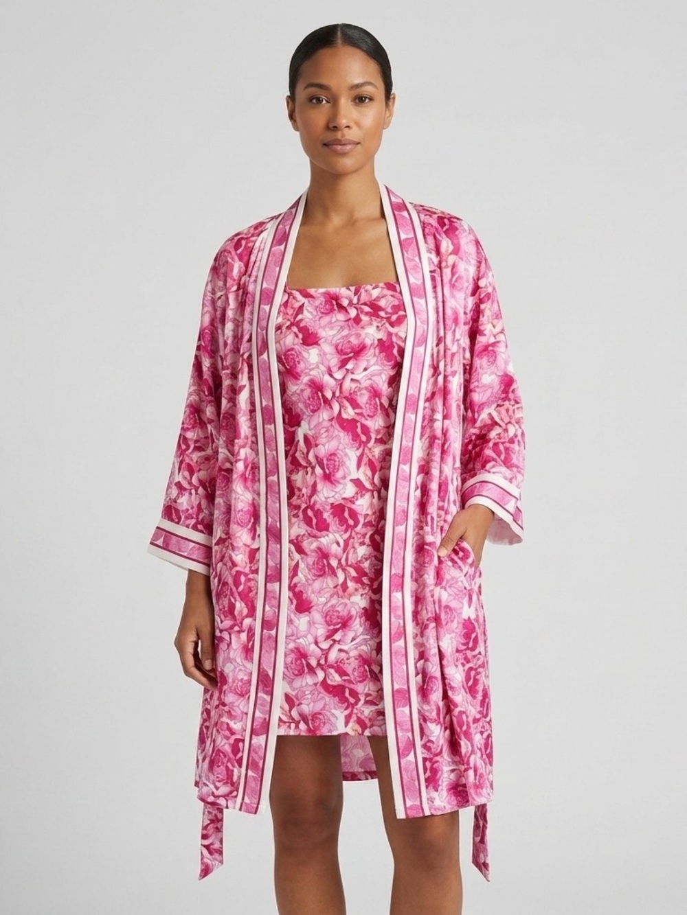 Natori Pink Roses Floral Satin Robe & Slip Dress Set - Small, 2-Piece